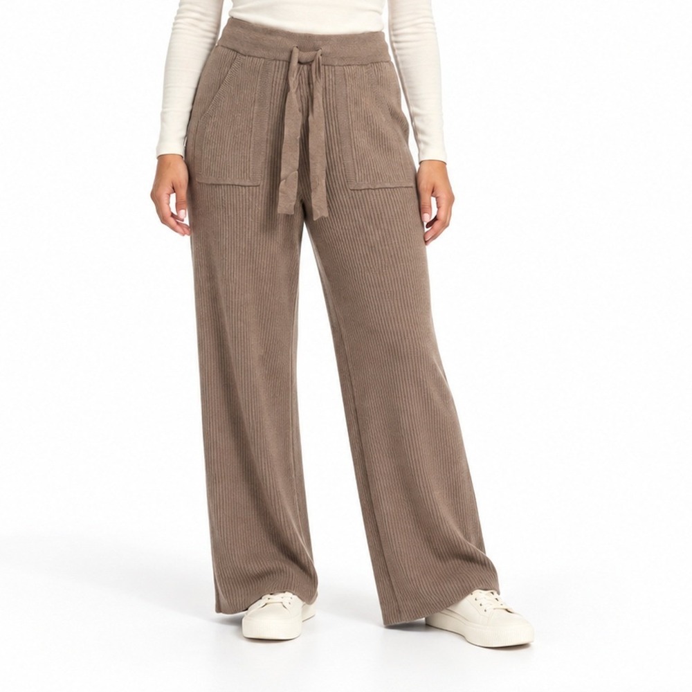 Splendid Ribbed Knit Wide Leg Pants Taupe Brown Drawstring Lounge LARGE